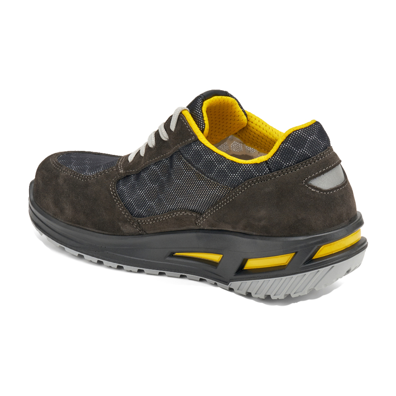 Seitliche Ansicht des Giasco 3Move ESD Leopard Sicherheitsschuhs S1P, ergonomischer Halbschuh mit ESD-Schutz, metallfreier Konstruktion und 3MOVE-Sohle in Schwarz mit gelben Details