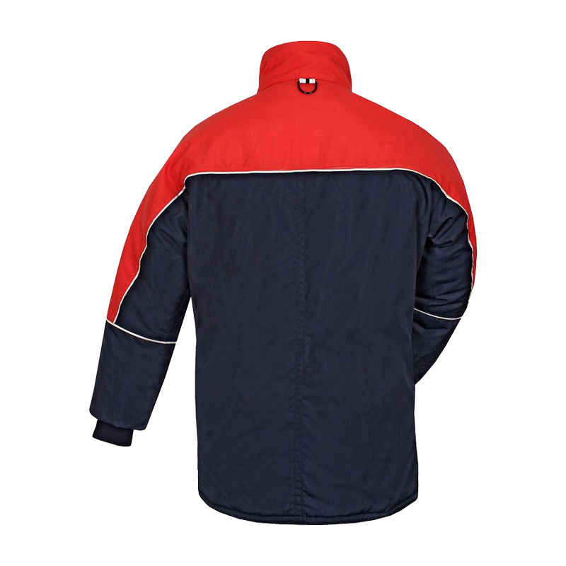 Rückansicht der TEMPEX COMFORT Kommissionierer Gefrierhaus Jacke von HB Protective Wear in Rot und Navy mit reflektierenden Details für professionellen Kälteschutz bis -49 °C.