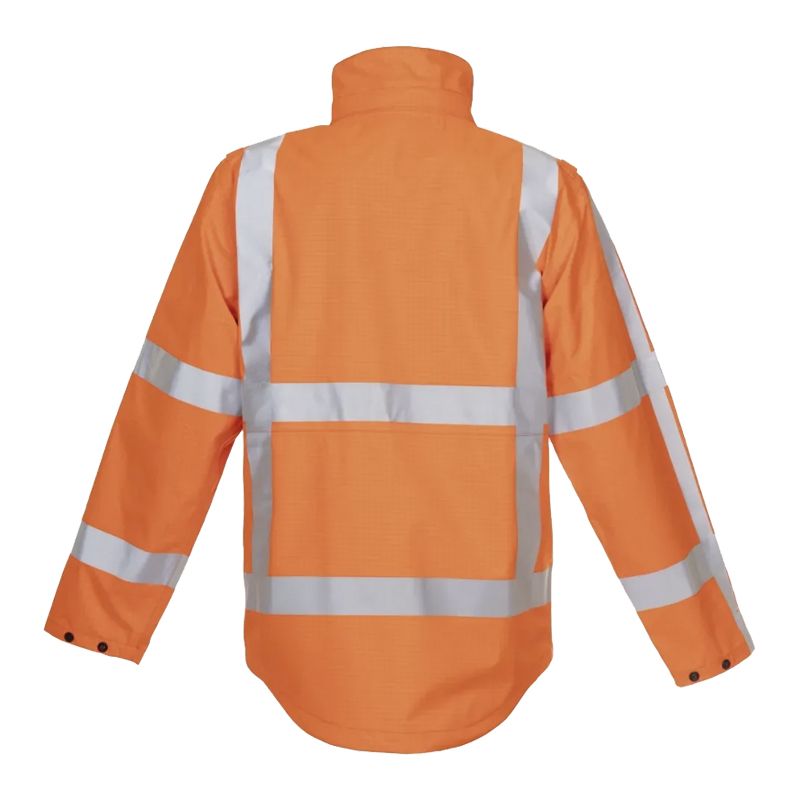 Rückansicht einer orangefarbenen HydroWear Warnschutzjacke mit langen Ärmeln und umlaufenden silbernen Reflexstreifen