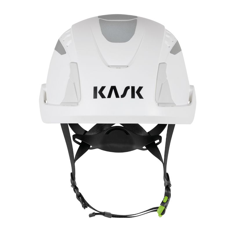 Frontansicht des KASK PRIMERO PL HI VIZ Kletterhelms, weißer Schutzhelm für Baustelle, Handwerk und Industrie, zertifiziert nach EN 397 und EN 12492