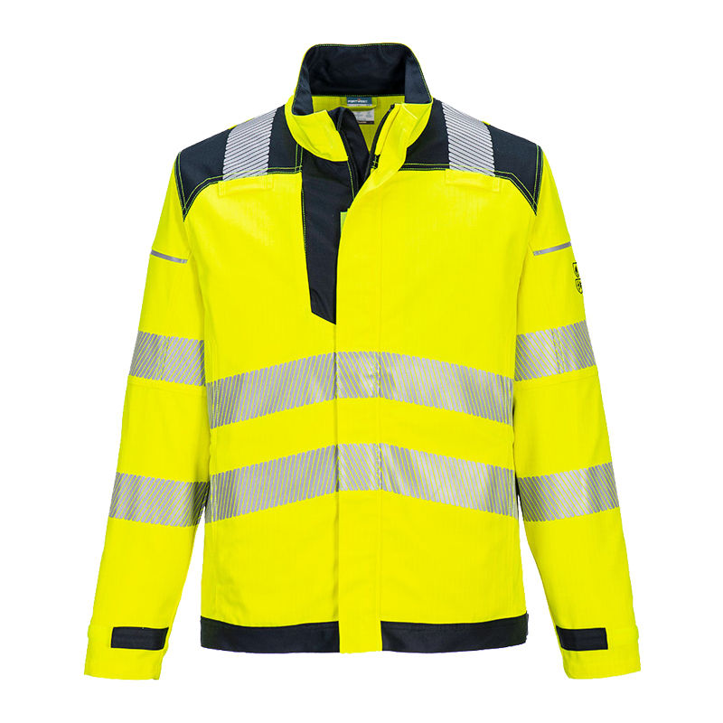 PortWest Warnschutzjacke in leuchtendem Gelb mit dunklen Kontrasteinsätzen und umlaufenden Reflexstreifen, Frontansicht