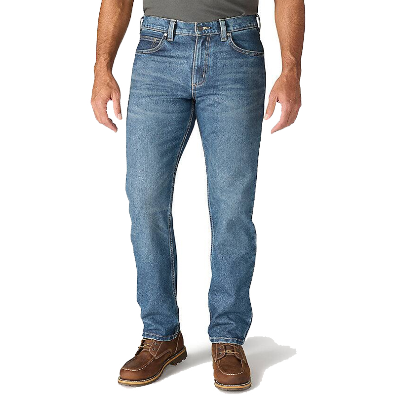 Herren tragen Carhartt 102804 Rugged Flex Stretch Jeans in Hellblau, gerade geschnitten im Relaxed Fit, Frontansicht