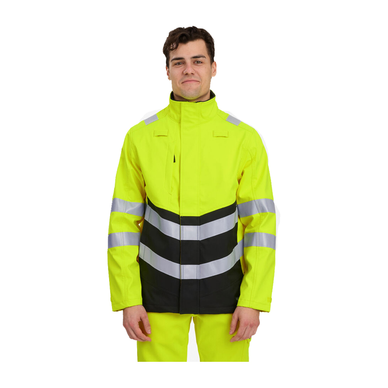 Frontansicht einer Engel Warnschutzjacke in Neongelb mit schwarzen Kontrasten und breiten silbernen Reflexstreifen für hohe Sichtbarkeit.
