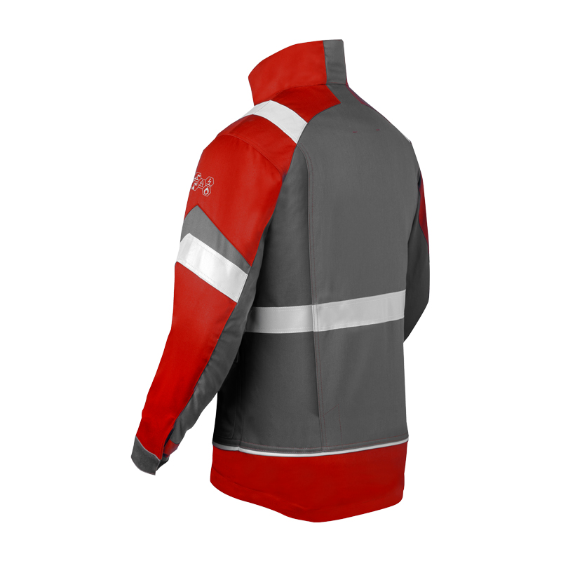 Rückansicht der HaVeP 5Safety Image+ 50388 MultiNorm Damen Jacke APC1 in Rot-Grau mit Reflexstreifen und hohem Kragen