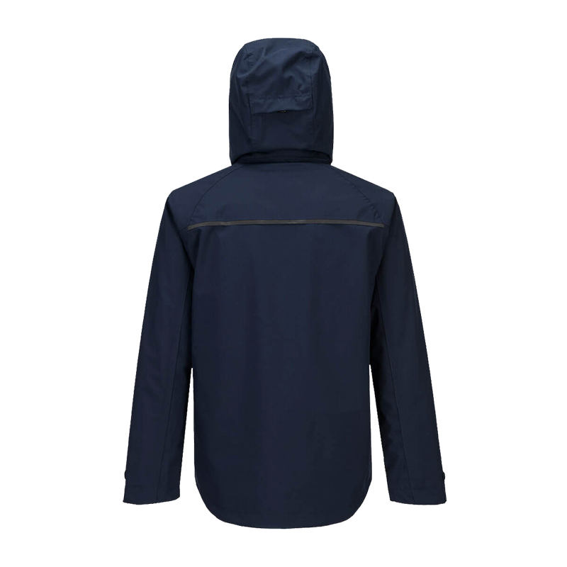 Rückansicht einer dunkelblauen PortWest Jacke mit Kapuze und horizontalem Detail auf dem Rücken