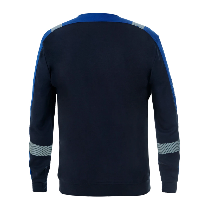 Rückansicht eines dunkelblauen Trainingsoberteils mit blauen Schulterdetails und reflektierenden Streifen an den Ärmeln, sportliches Langarm-Design