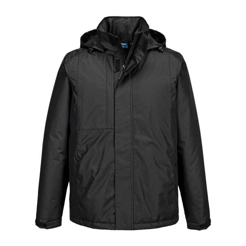 PortWest schwarze Arbeitsjacke mit Kapuze und durchgehendem Reißverschluss, wasserabweisende Outdoor- und Berufsjacke in Frontansicht