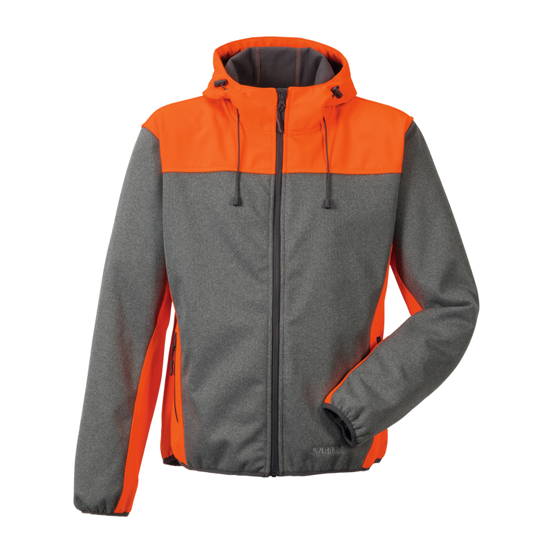 Planam Kontrast Softshelljacke mit Kapuze in Grau und Orange, funktionale wind- und wasserabweisende Arbeitsjacke mit modernem Kontrastdesign