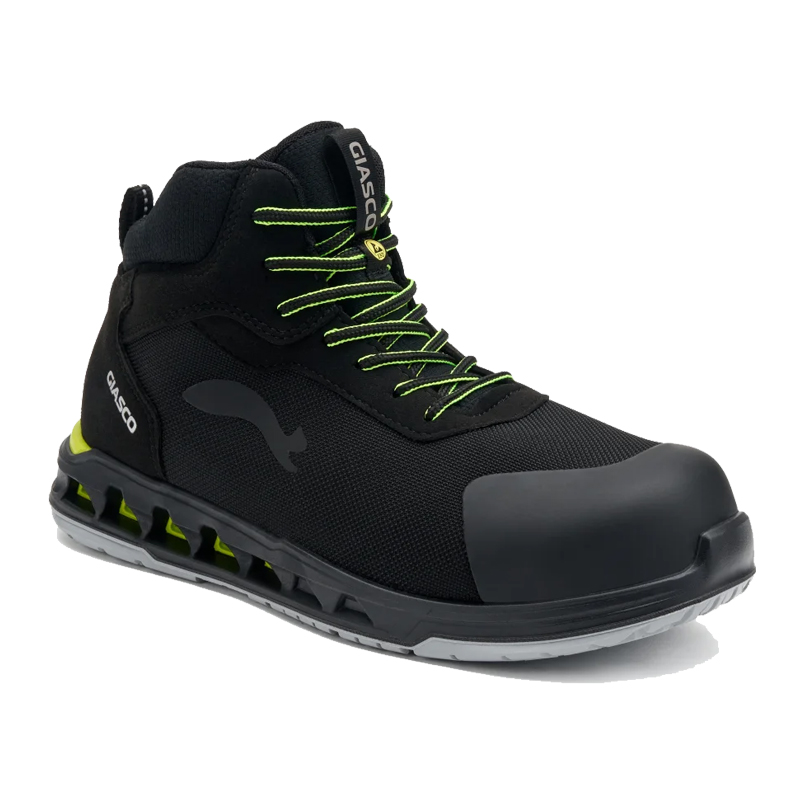 Giasco 3Cloud ESD Eclipse Sicherheitsstiefel elastisch S3L, schwarzer Arbeitsschutzstiefel mit grünen Schnürsenkeln und robuster Schutzkappe