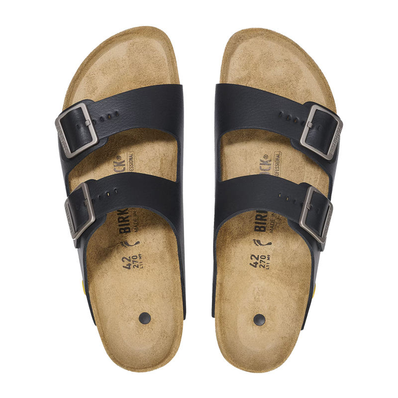 Birkenstock Arizona Sandalen in Schwarz mit zwei verstellbaren Riemen und anatomischem Kork-Latex-Fußbett, Draufsicht