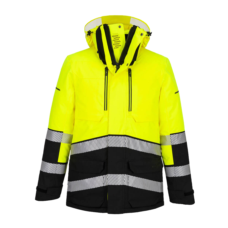 PortWest EV401 Hi-Vis Expeditions Parka Klasse 3, gelb-schwarze Warnschutzjacke mit Reflexstreifen und Kapuze für extreme Kälte bis -52°C