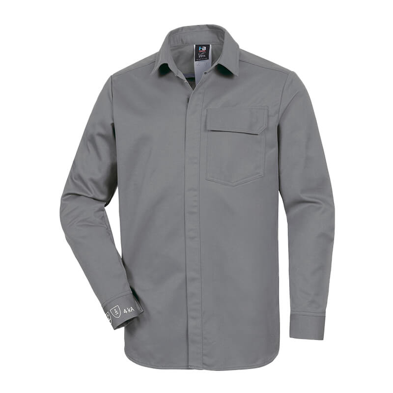 Graues HB ArcSelect MultiNorm Hemd 4 kA | APC1 von HB Protective Wear mit langen Ärmeln und Brusttasche, Frontansicht