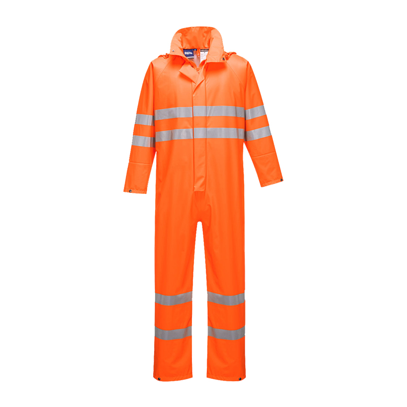 PortWest Warnschutz-Overall in leuchtendem Orange mit silbernen Reflexstreifen an Armen und Beinen, Frontansicht für Arbeitsschutz und hohe Sichtbarkeit