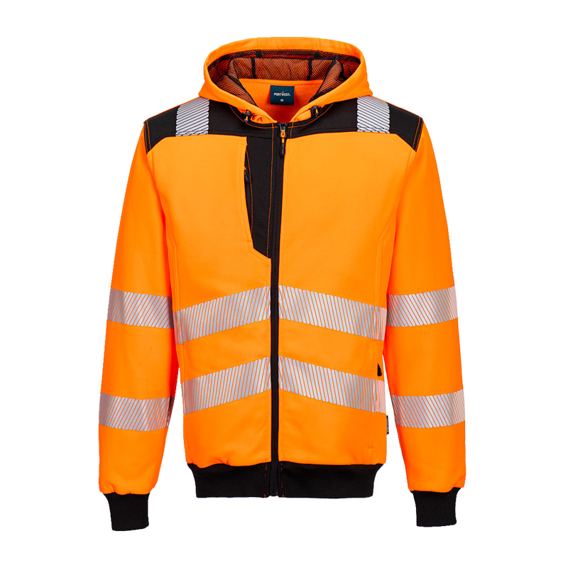 PortWest Warnschutz-Kapuzenjacke in leuchtendem Orange mit Kapuze, Reißverschluss und reflektierenden Streifen für hohe Sichtbarkeit