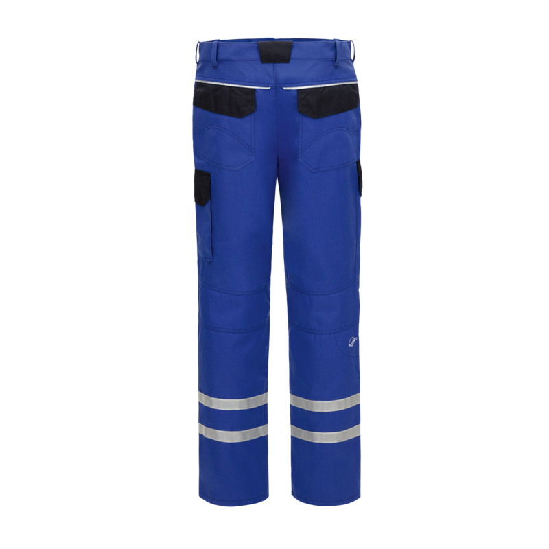 Rückansicht der blauen HB InoTec Nomex MultiNorm Hose 4 kA | APC1 von HB Protective Wear mit schwarzen Taschen und Reflexstreifen am Bein