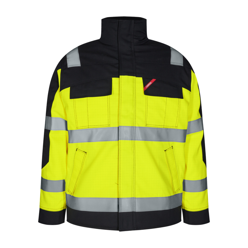 Gelb-schwarze Warnschutz-Arbeitsjacke mit umlaufenden Reflexstreifen, Stehkragen, Brusttaschen und Frontreißverschluss