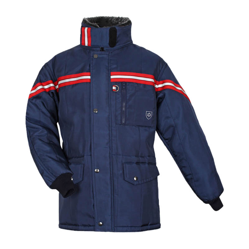 TEMPEX CLASSIC Kühlhaus Jacke von HB Protective Wear, navyblaue Kälteschutzjacke mit roten Reflexstreifen, wasserabweisend und EN 342 zertifiziert für 0 bis 10 °C