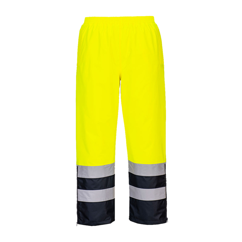 PortWest Warnschutzhose in leuchtendem Gelb mit dunkelblauen Beinabschlüssen und silbernen Reflexstreifen für hohe Sichtbarkeit bei der Arbeit