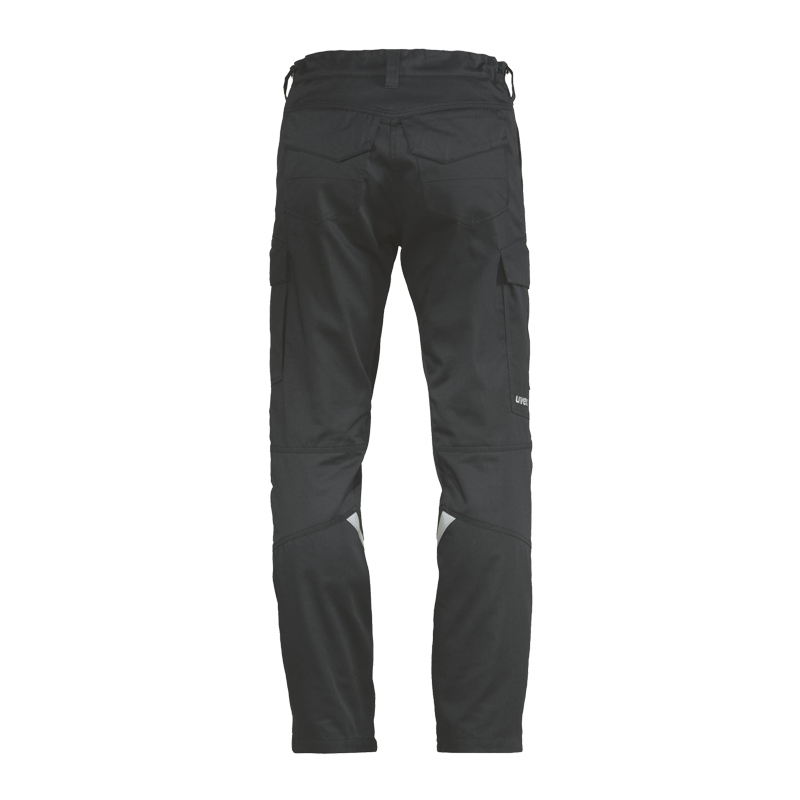 Rückansicht der schwarzen Uvex suXXeed Arc MultiNorm Hose 4 kA + 7 kA APC2 mit seitlichen Taschen und reflektierenden Details