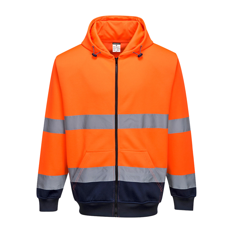 PortWest Warnschutz-Kapuzenjacke in leuchtendem Orange mit Reflexstreifen, Reißverschluss, Kapuze und dunklem Saum für hohe Sichtbarkeit
