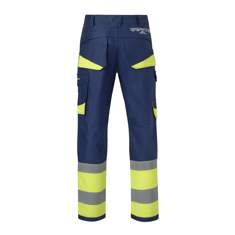 Rückansicht einer HydroWear Warnschutzhose in Navy und Neongelb mit Reflexstreifen und praktischen Taschen für den Arbeitseinsatz