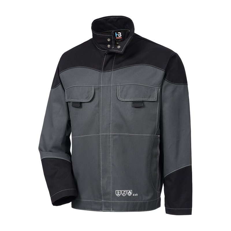 HB MODarc MultiNorm Blouson 4 kA | APC1 von HB Protective Wear, grau-schwarze Schutzjacke mit Stehkragen und Brusttaschen