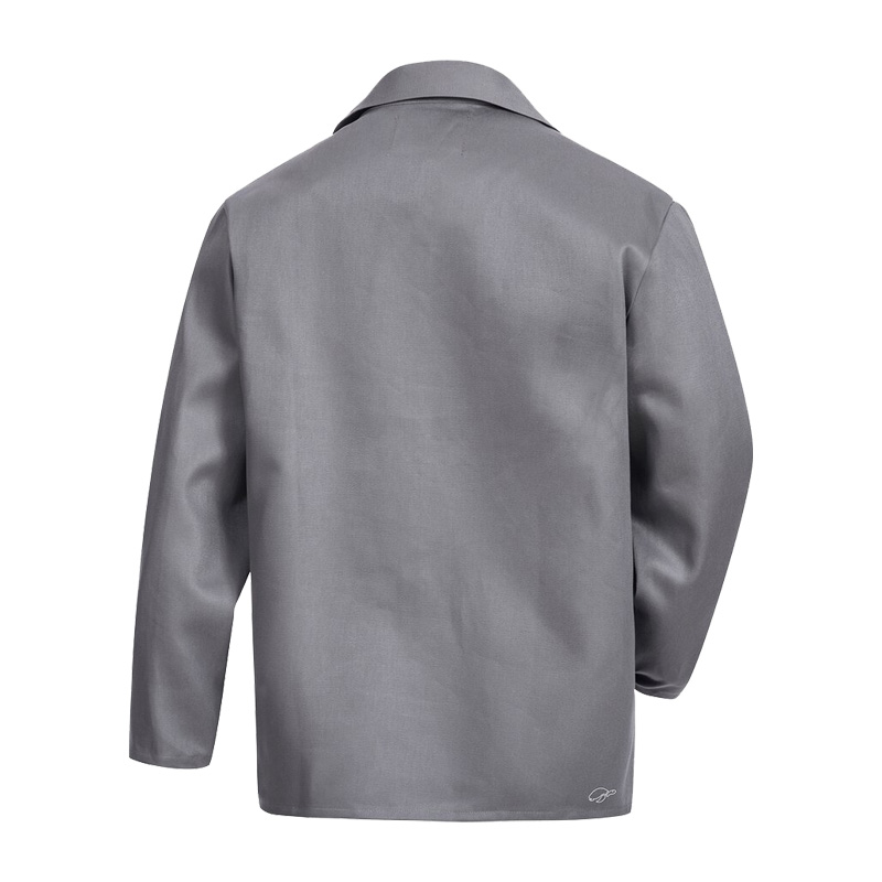 Rückansicht der grauen HB Proban 470 Schweißerjacke Klasse 2 von HB Protective Wear aus PROBAN®-Baumwolle, hitze- und funkenhemmende Schutzjacke für Schweißarbeiten