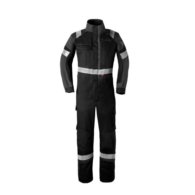 HaVeP 5Safety Image+ 20290 MultiNorm Overall APC1, schwarzer Schutzoverall mit langen Ärmeln, Stehkragen und silbernen Reflexstreifen an Schultern, Armen, Taille und Beinen