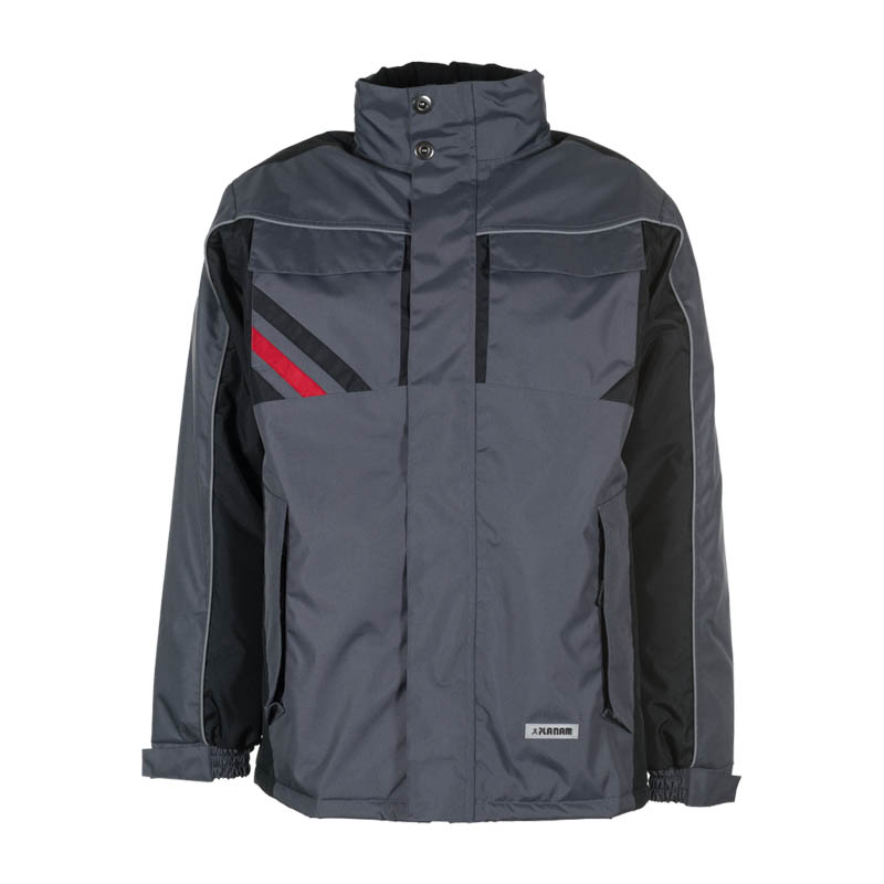 Planam Highline Winter Jacke von Planam in Schiefergrau und Schwarz mit roten Akzenten, Frontansicht