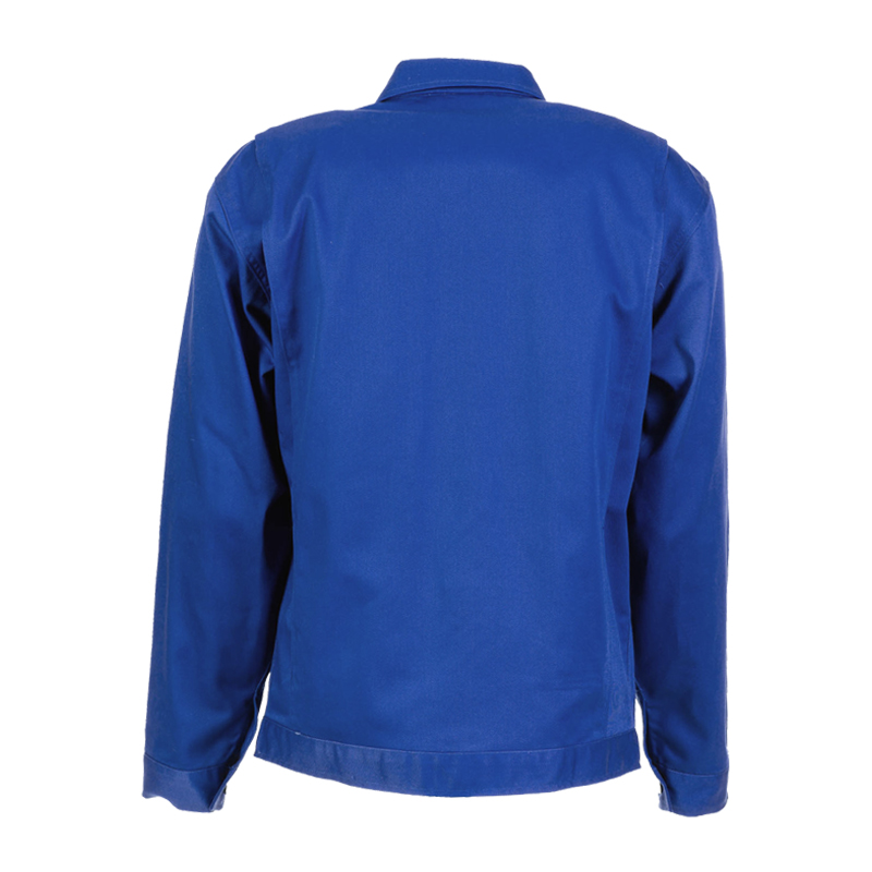 Rückenansicht der Planam MG 290 Bundjacke aus verstärkter Baumwolle in Kornblumenblau, robuste Arbeitsjacke für Handwerk, Gewerbe und Industrie