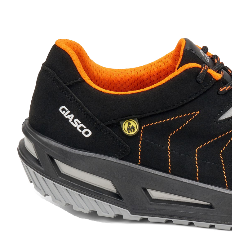 Giasco 3Move ESD Falcon ergonomischer S3 Sicherheitsschuh in Schwarz-Orange, Detail der Ferse mit ESD-Kennzeichnung und rutschhemmender 3MOVE-Sohle