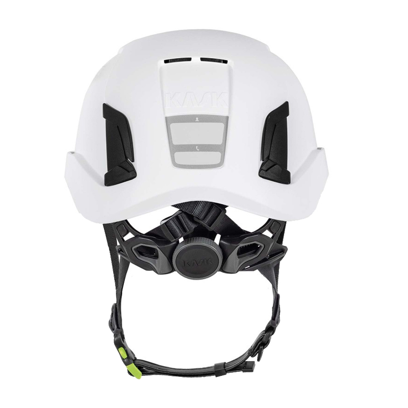 Rückansicht des KASK ZENITH-X PL Kletterhelms EN 12492 von Kask in Weiß mit Helmschale, Belüftung und Kinnriemen