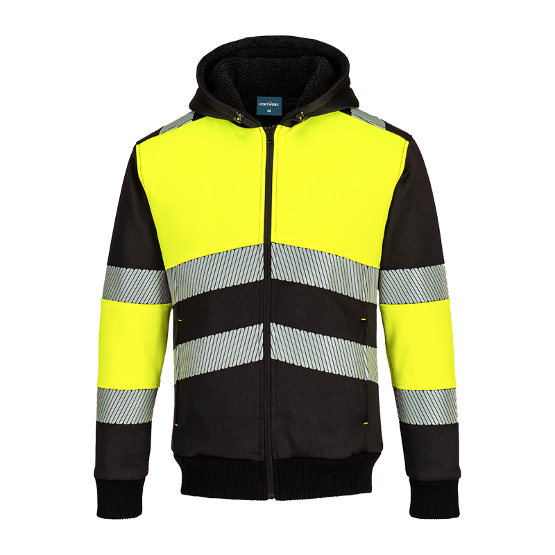 PortWest Warnschutz-Kapuzenjacke in Gelb-Schwarz mit durchgehendem Reißverschluss, Kapuze und reflektierenden Streifen für hohe Sichtbarkeit