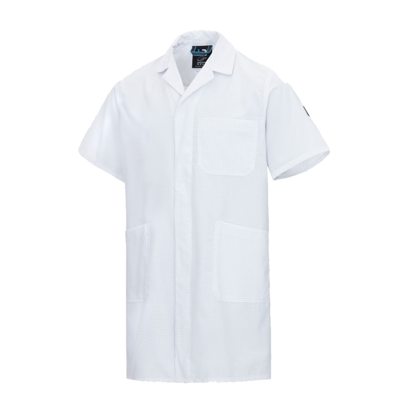 Weißer HB CONDUCTEX Green Turtle ESD Mantel kurzarm von HB Protective Wear mit Kragen und Taschen, nachhaltiger ESD-Arbeitsmantel aus recycelten und biologisch angebauten Materialien