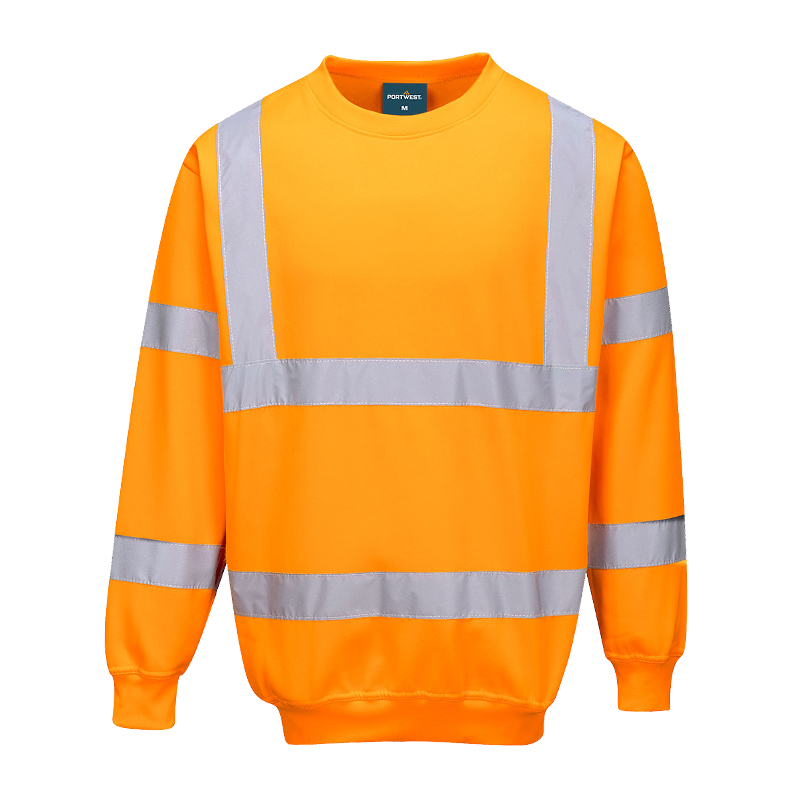 PortWest Warnschutz-Sweatshirt in leuchtendem Orange mit umlaufenden silbernen Reflexstreifen an Brust, Schultern und Ärmeln