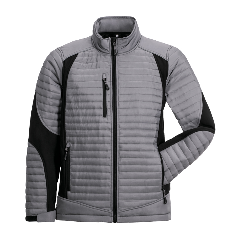 Planam leichte Air Stepp Jacke mit Stretch und Reflexbiesen, graue Steppjacke mit schwarzen Stretch-Einsätzen, Stehkragen und Reißverschlusstaschen