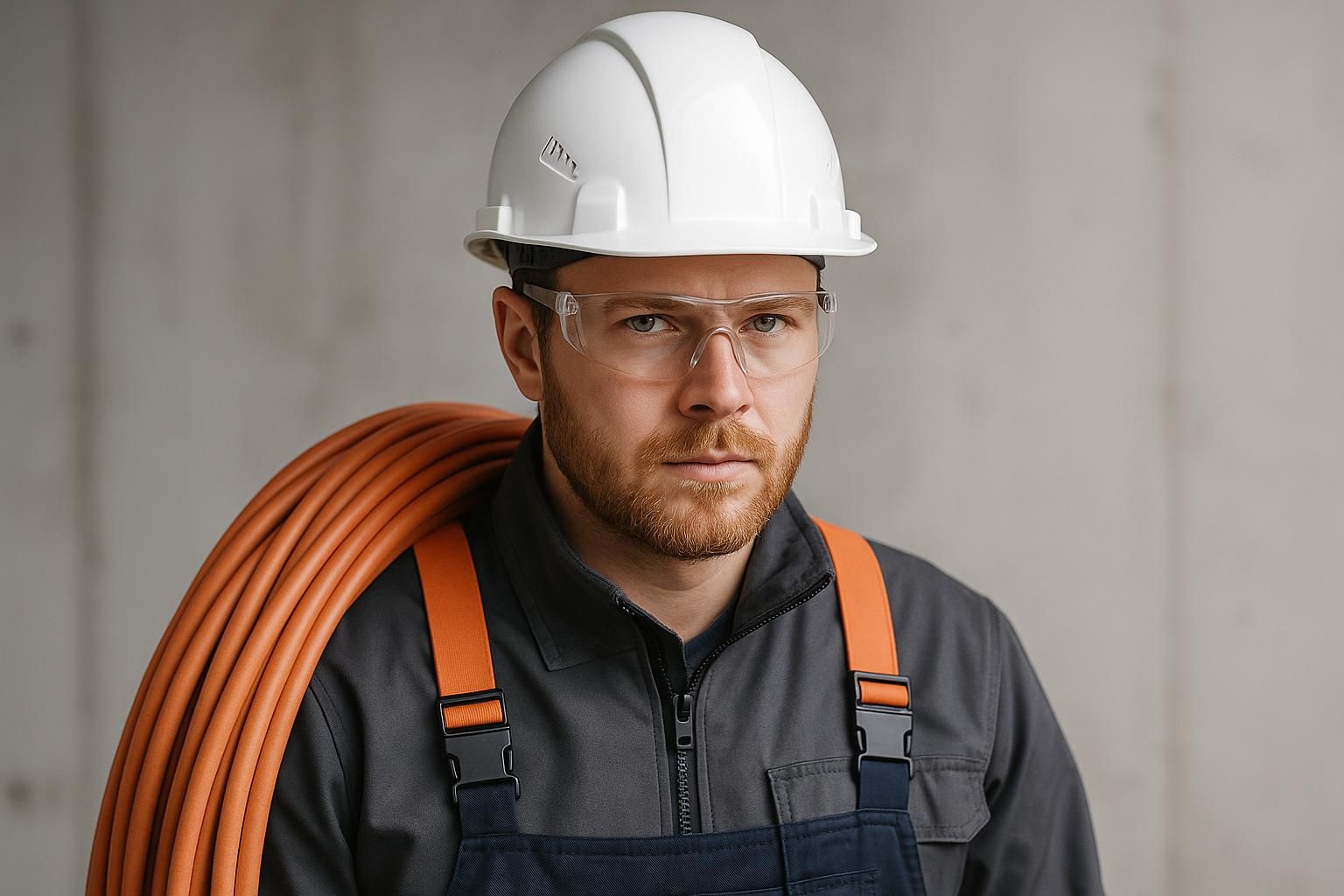Facharbeiter mit weißem Schutzhelm und Schutzbrille trägt orangefarbenes Elektrokabel für die Elektroinstallation