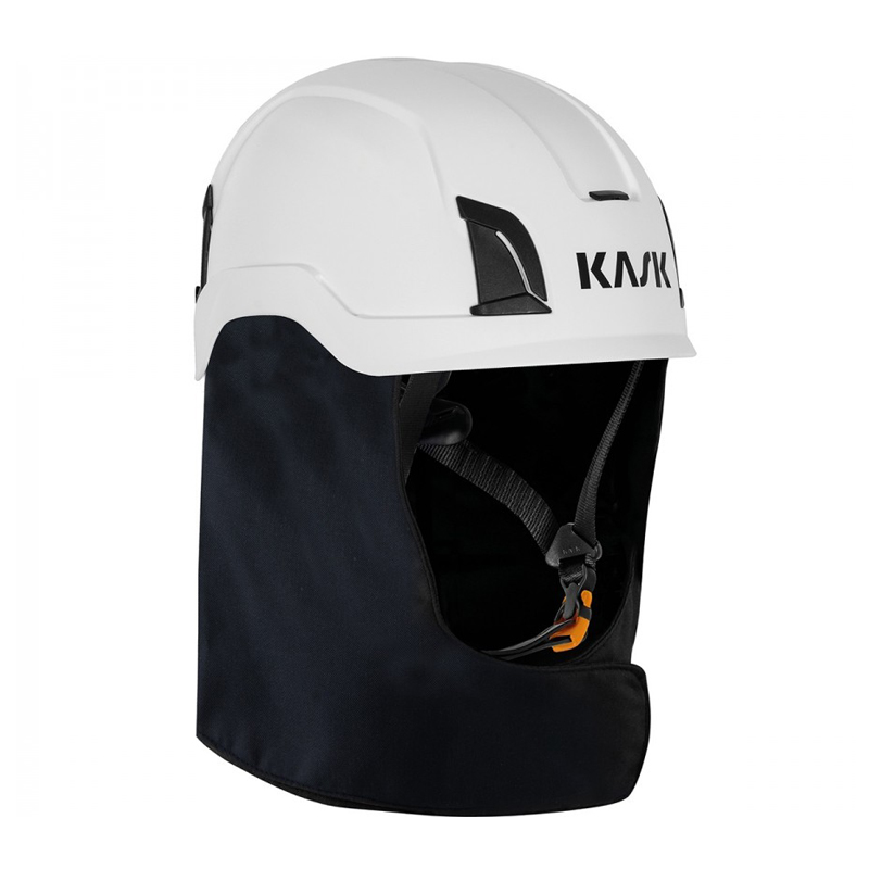 KASK NOMEX FR Neck Protector als flammhemmender schwarzer Nackenschutz am weißen Kask-Schutzhelm für professionellen Arbeits- und Hitzeschutz