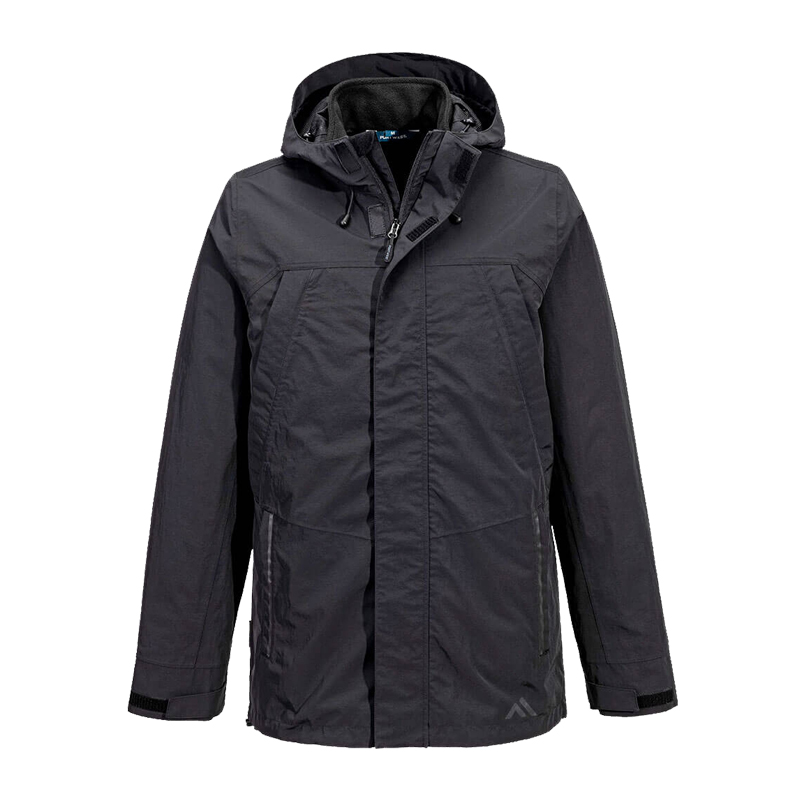 PortWest schwarze Herren Outdoor- und Übergangsjacke mit Kapuze, Reißverschluss und langen Ärmeln in Frontansicht