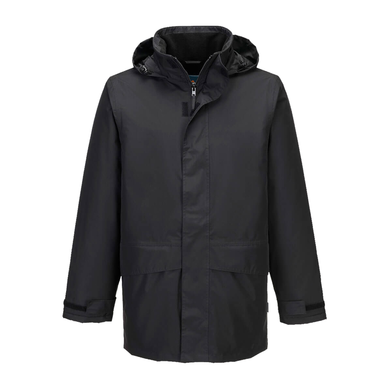 PortWest schwarze Herren Regenjacke mit Kapuze, lang geschnitten, wasserdichte Outdoor- und Arbeitsjacke in Frontansicht