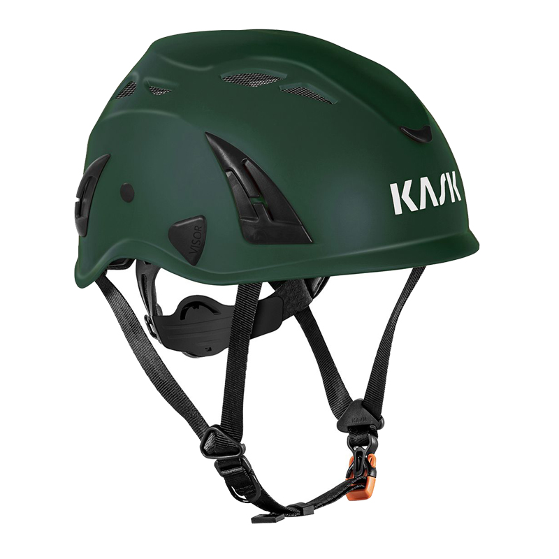 Grüner Kask KASK SUPERPLASMA AQ Industriehelm EN 397 mit Belüftungsöffnungen, Kinnriemen und weißem KASK-Logo
