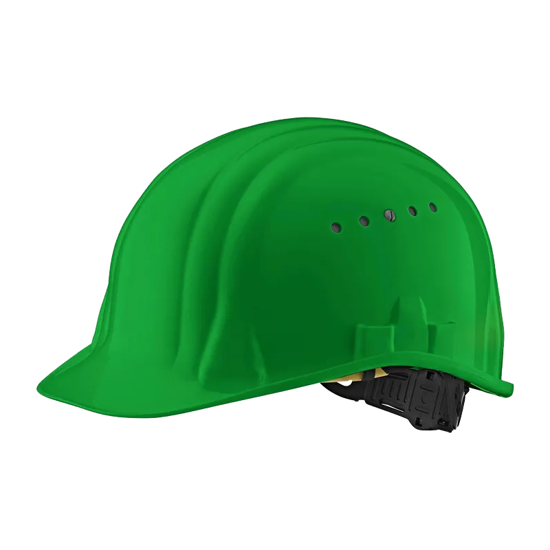 Grüner Schuberth Schutzhelm mit Belüftungslöchern und verstellbarem Drehverschluss in der Seitenansicht