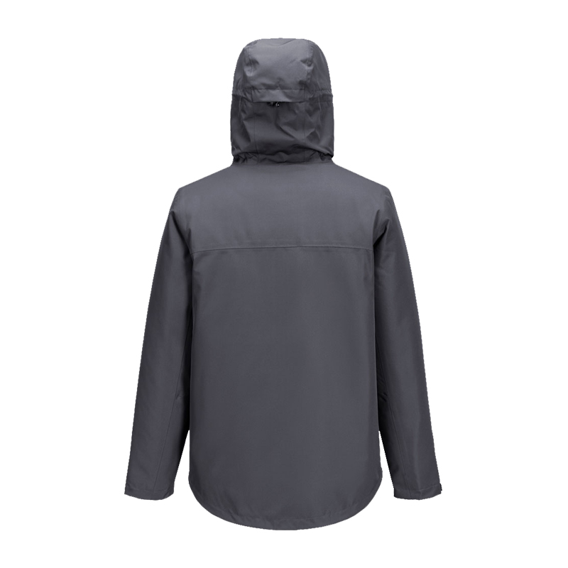 Rückenansicht einer dunkelgrauen PortWest Jacke mit Kapuze, leichte Outdoor- und Arbeitsjacke