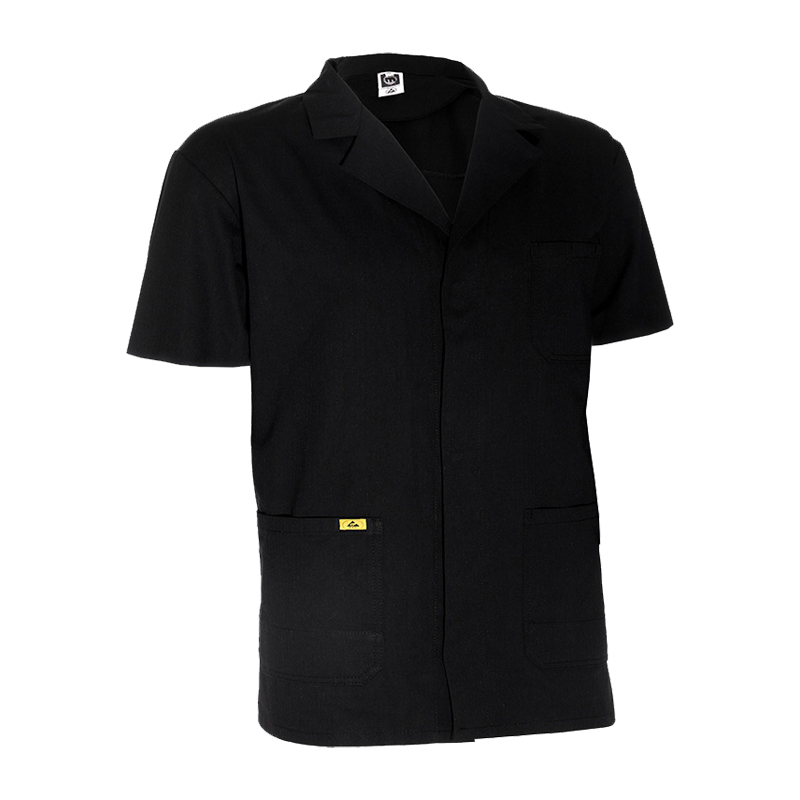 Schwarze kurzärmelige ESD Jacke von Mimoza mit Taschen für Produktschutz in EPA-Bereichen 10⁵ bis 10⁸, EN 61340