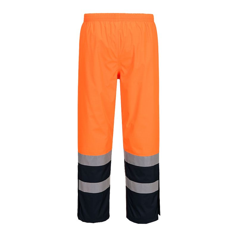 PortWest Warnschutzhose in leuchtendem Orange mit zwei Reflexstreifen pro Bein und dunkel abgesetzten Beinabschlüssen