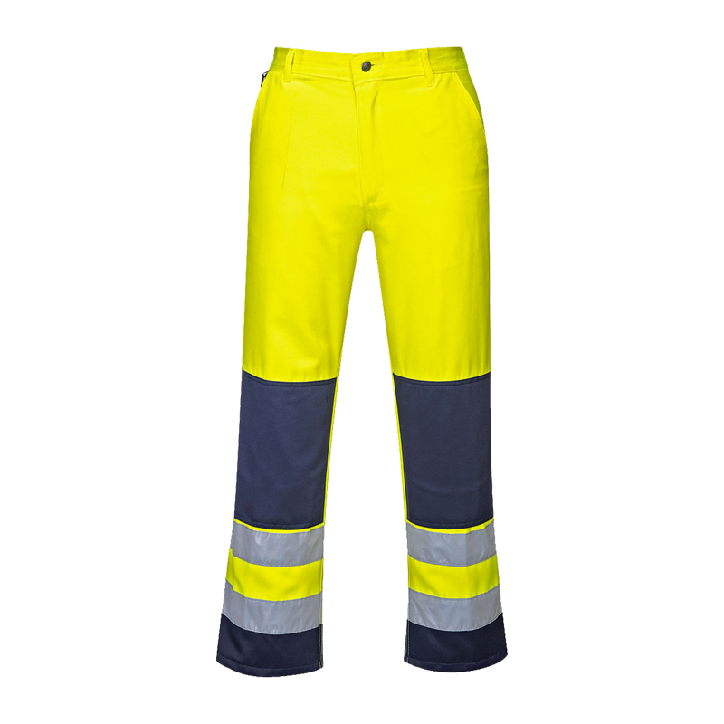 PortWest Warnschutzhose in Gelb und Marineblau mit reflektierenden Streifen, robuste Arbeitskleidung für hohe Sichtbarkeit