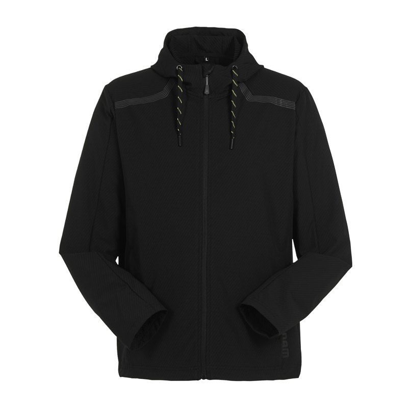 Planam Zirro Jacke aus 4-Wege Stretch von Planam, schwarze Arbeitsjacke mit Kapuze und Reißverschluss, Vorderansicht