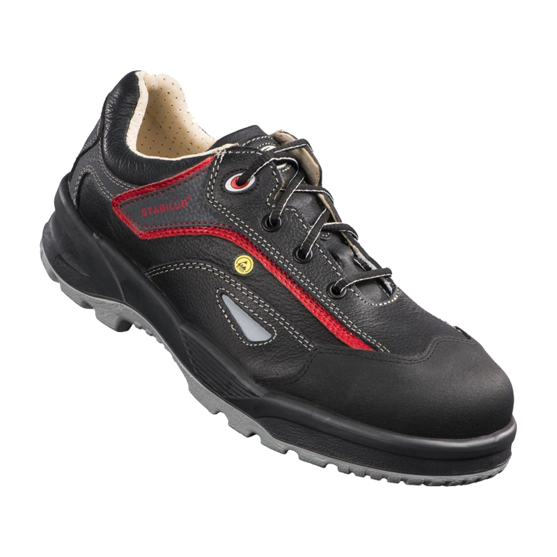 Stabilus Oscar Low XB ESD S2 Sicherheitsschuh mit komplettem Lederfutter in Schwarz-Rot, niedriger Arbeitsschuh aus Leder mit Schnürung und rutschhemmender Sohle
