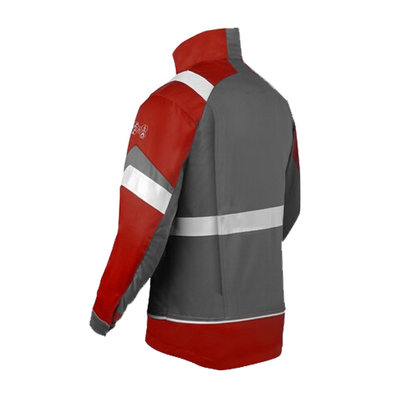 Rückenansicht der HaVeP 5Safety Image+ 50388 MultiNorm Damen Jacke APC1 in Grau-Rot mit Reflexstreifen, geeignet für Industrie, Energieversorgung und Schweißtechnik