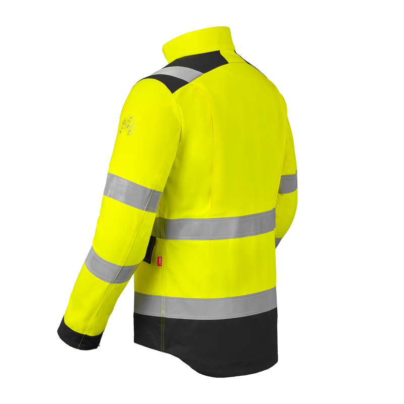 Rückansicht der HaVeP Multi Protector+ BW Warnschutz Jacke Klasse 1 APC1 in Gelb mit Reflexstreifen und schwarzem Saum